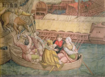 1535年のチュニスにおける皇帝カール5世のトルコ軍遠征：ゴレッタの戦い、舟へ降ろされる馬の細部、タペストリーのための下絵